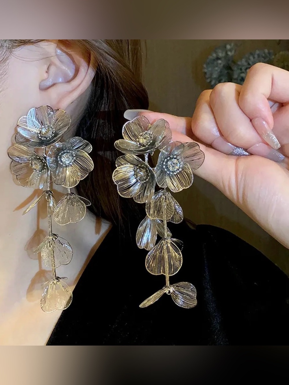 Zara Silver Floral Dangle Statement Earrings - Picture 5 of 5